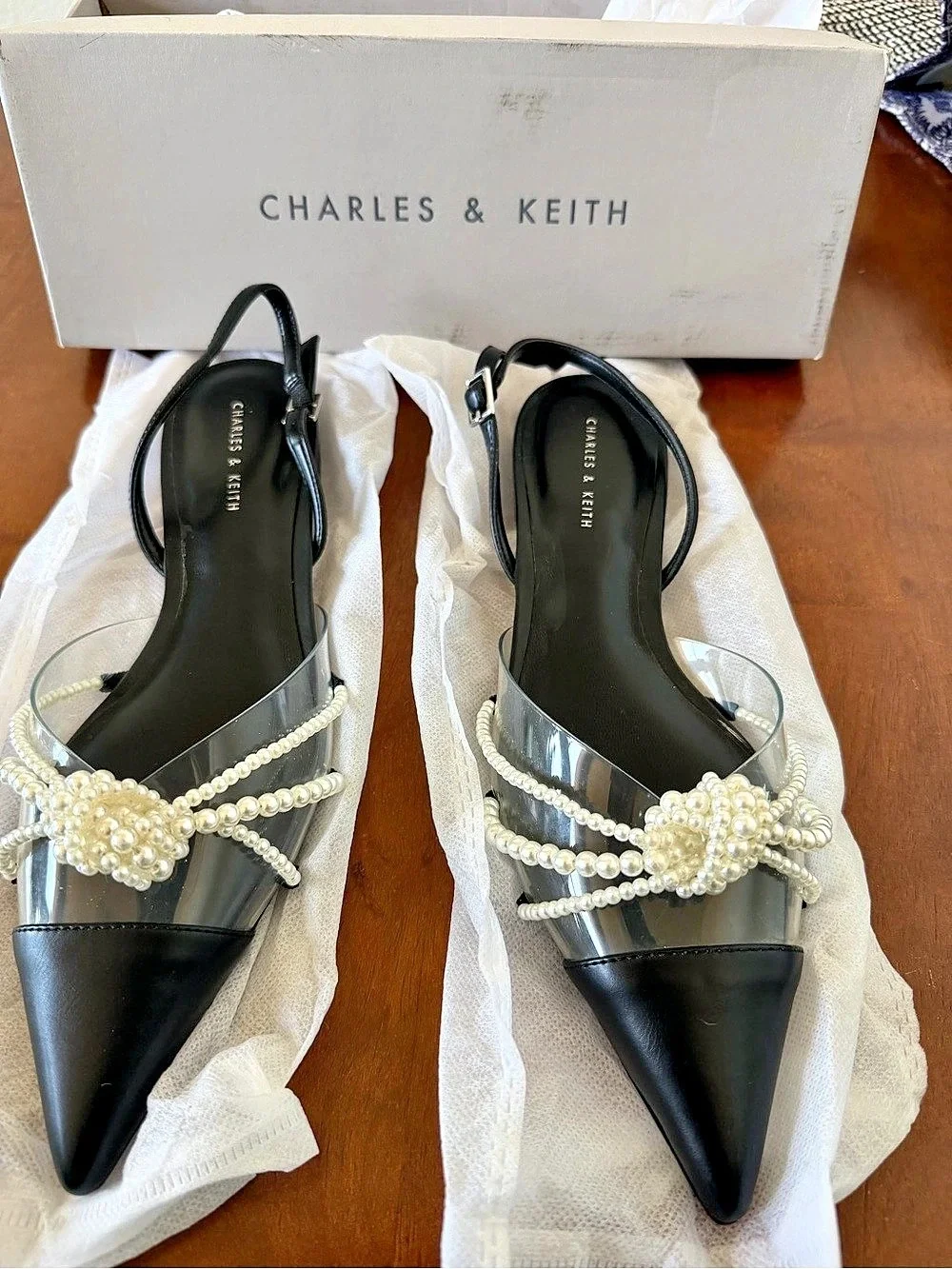 Charles & Keith Pearl-Embellished Slingback Flats